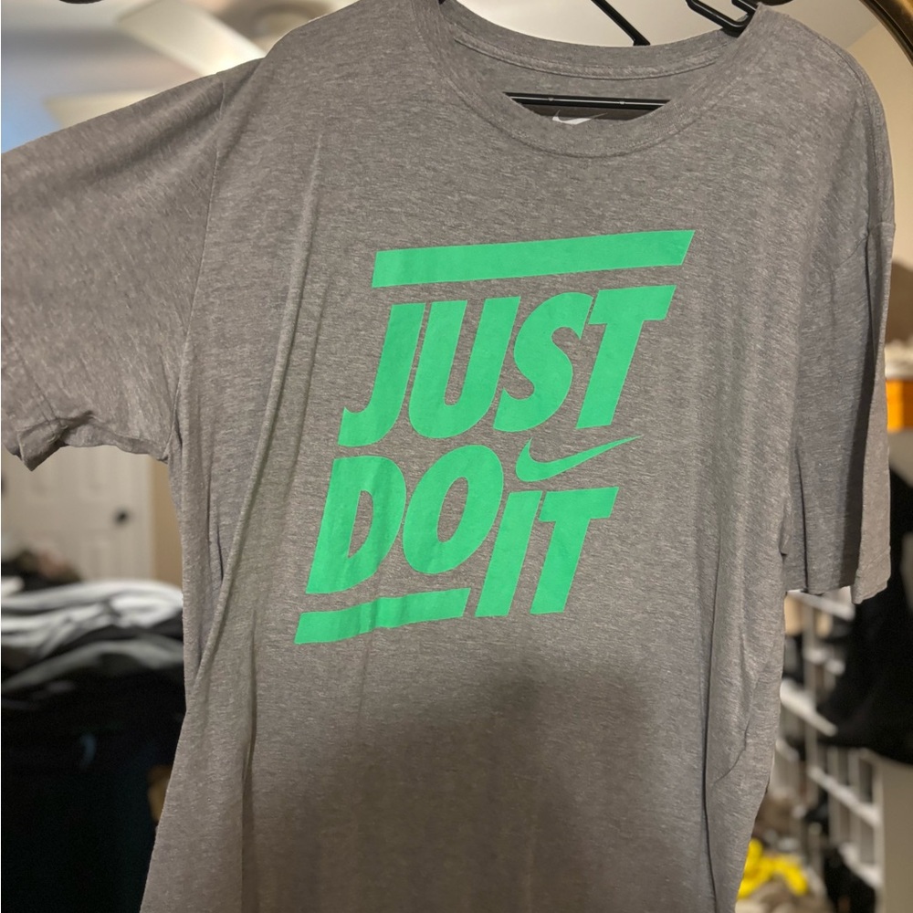 Nike Short Sleeve Gray Tee with Green Slogan